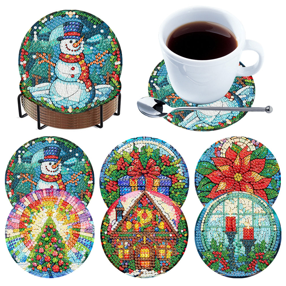 6Pcs Wooden Christmas Diamond Painting Coasters with Holder for Adults Beginners