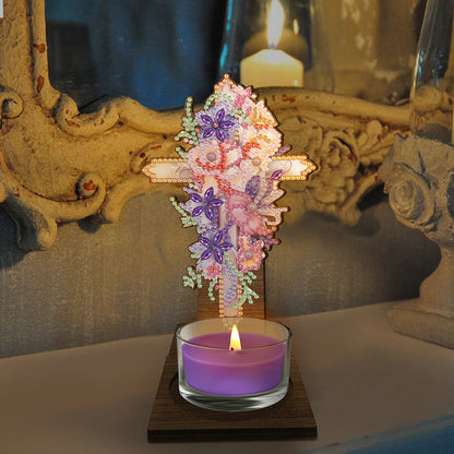 Flower Cross Diamond Painting Desktop Candle Holder Gifts for Family Friends