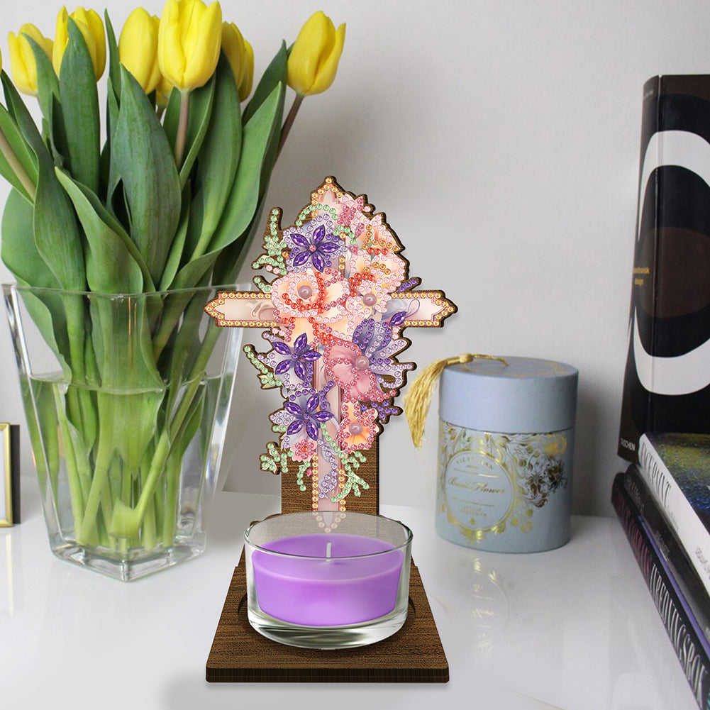 Flower Cross Diamond Painting Desktop Candle Holder Gifts for Family Friends