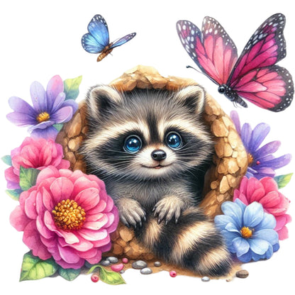 Raccoon And Flowers - Full Round Drill Diamond Painting 30*30CM