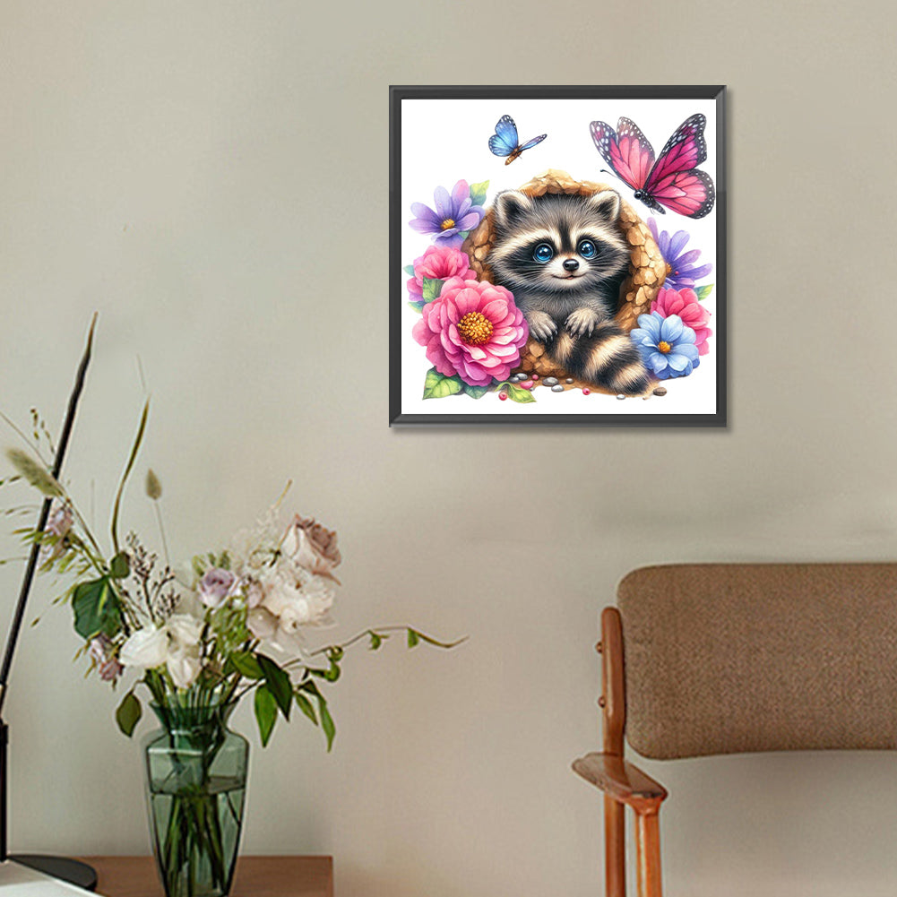 Raccoon And Flowers - Full Round Drill Diamond Painting 30*30CM