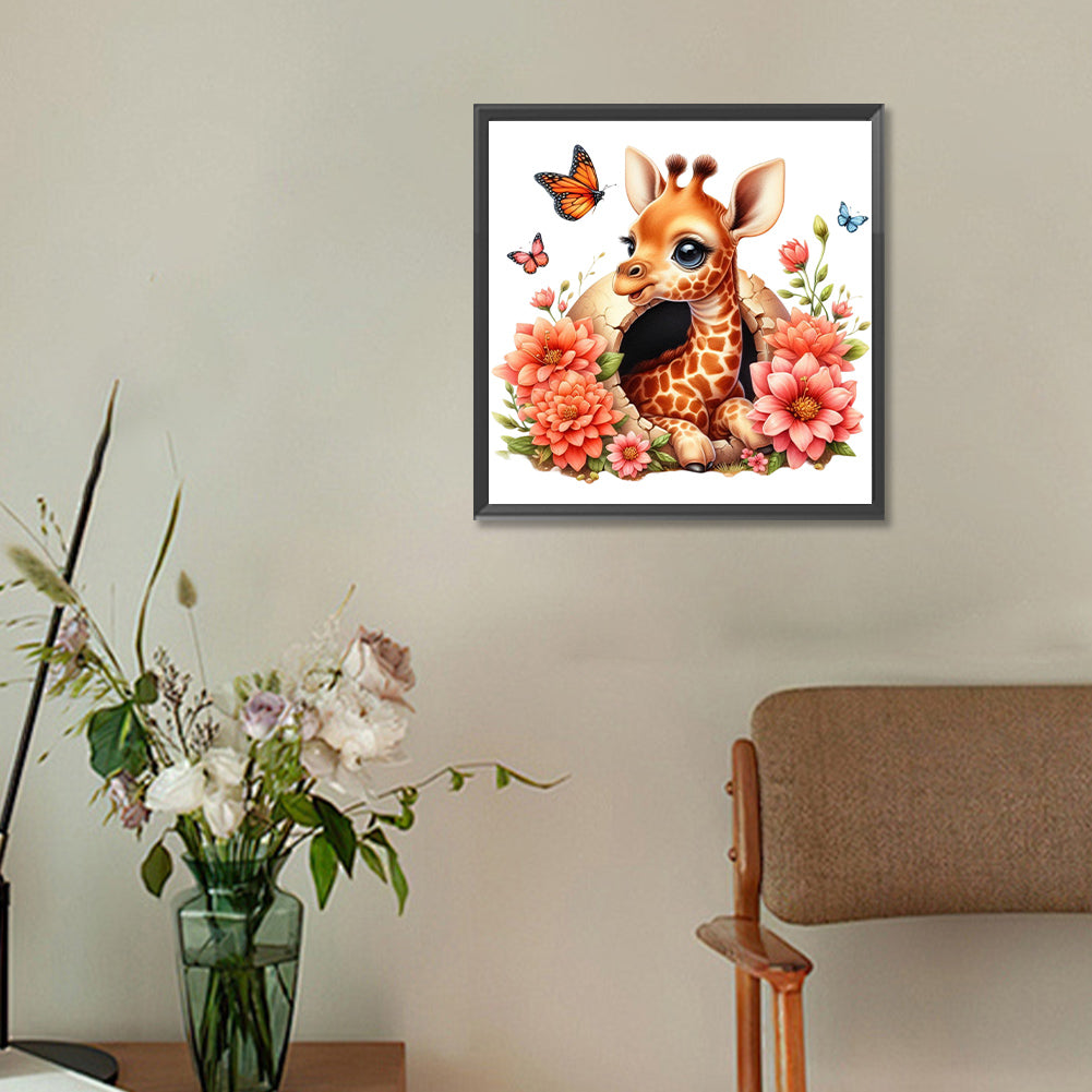 Giraffe And Flowers - Full Round Drill Diamond Painting 30*30CM