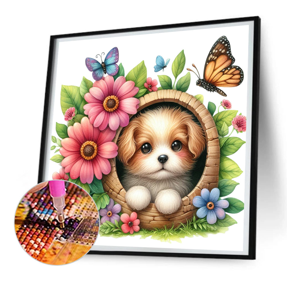 Dogs And Flowers - Full Round Drill Diamond Painting 30*30CM