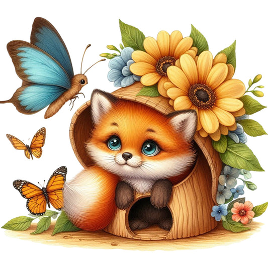 Fox And Flowers - Full Round Drill Diamond Painting 30*30CM