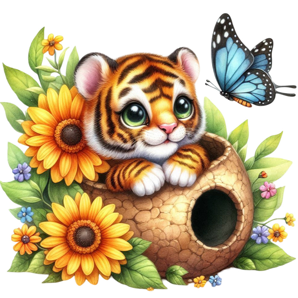 Tiger And Flowers - Full Round Drill Diamond Painting 30*30CM