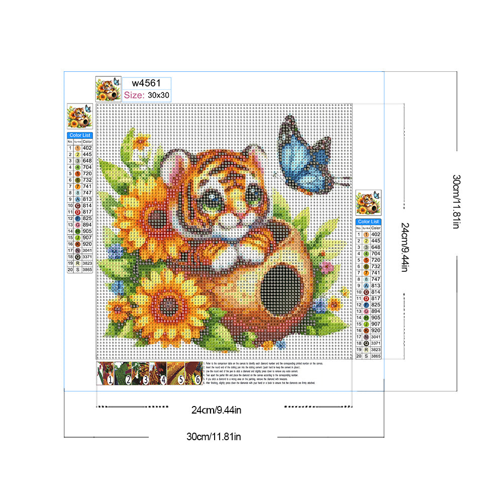 Tiger And Flowers - Full Round Drill Diamond Painting 30*30CM