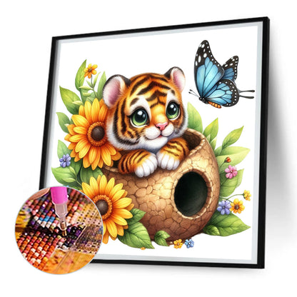 Tiger And Flowers - Full Round Drill Diamond Painting 30*30CM