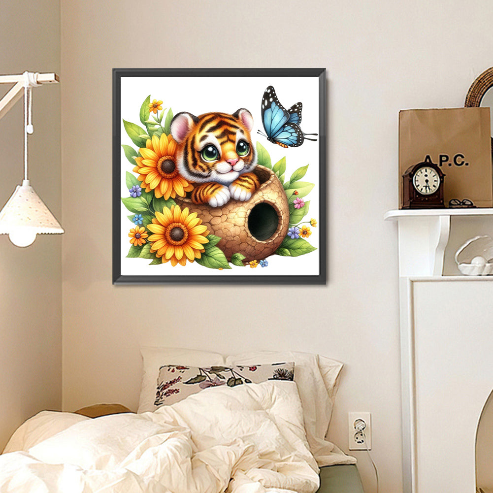 Tiger And Flowers - Full Round Drill Diamond Painting 30*30CM