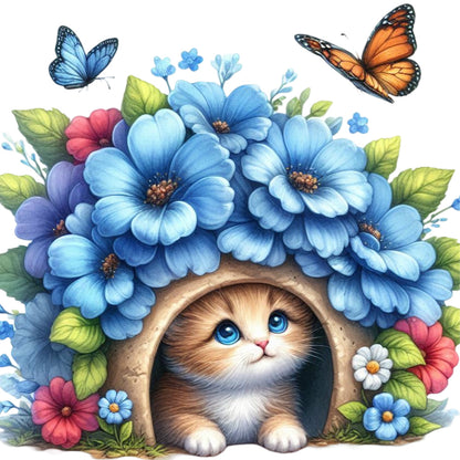 Cat And Flowers - Full Round Drill Diamond Painting 30*30CM