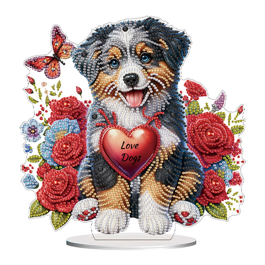 Acrylic Special Shape Dog And Red Rose Diamond Painting Tabletop Ornaments