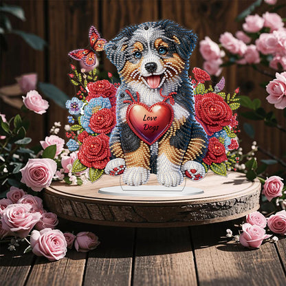 Acrylic Special Shape Dog And Red Rose Diamond Painting Tabletop Ornaments