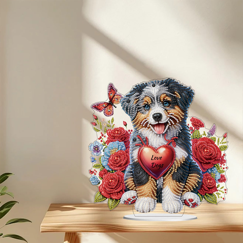 Acrylic Special Shape Dog And Red Rose Diamond Painting Tabletop Ornaments