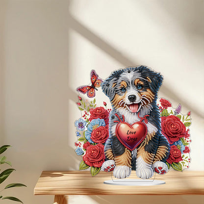 Acrylic Special Shape Dog And Red Rose Diamond Painting Tabletop Ornaments