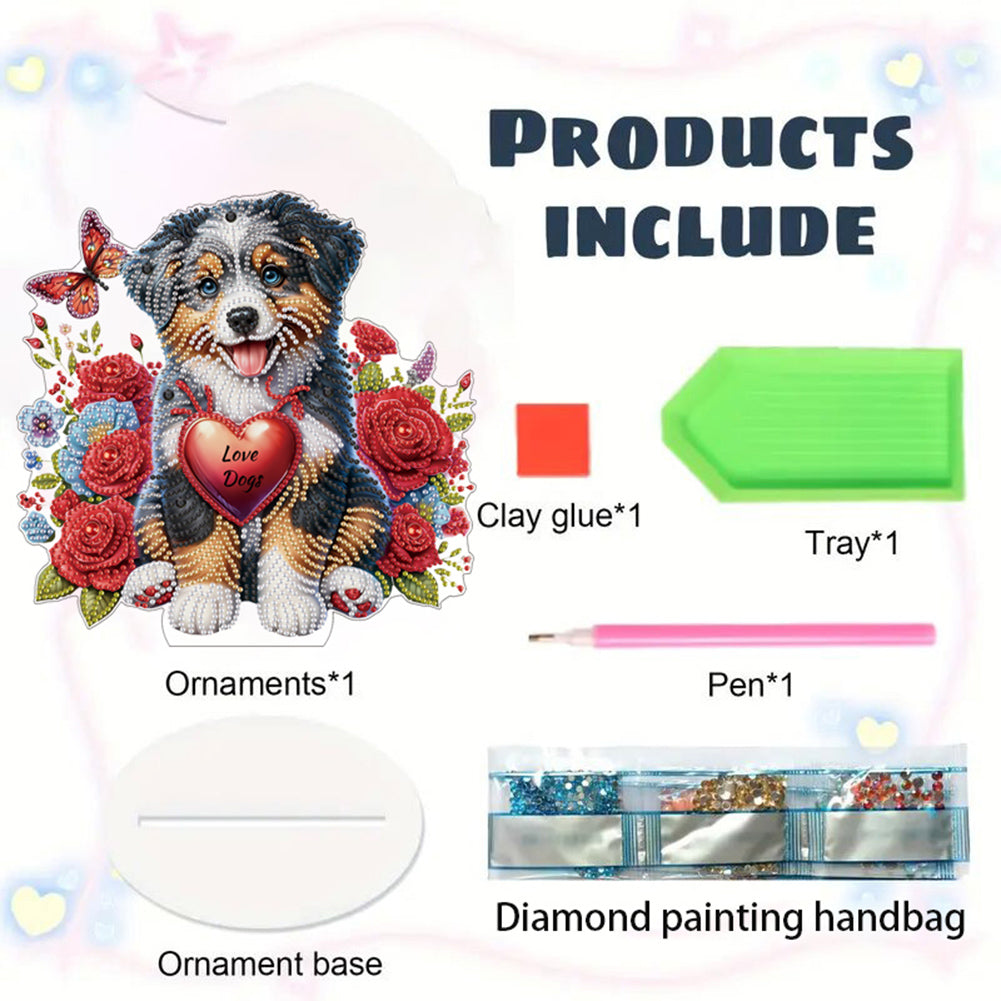 Acrylic Special Shape Dog And Red Rose Diamond Painting Tabletop Ornaments