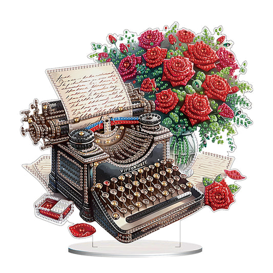 Acrylic Special Shape Typewriter Red Rose Diamond Painting Tabletop Ornaments