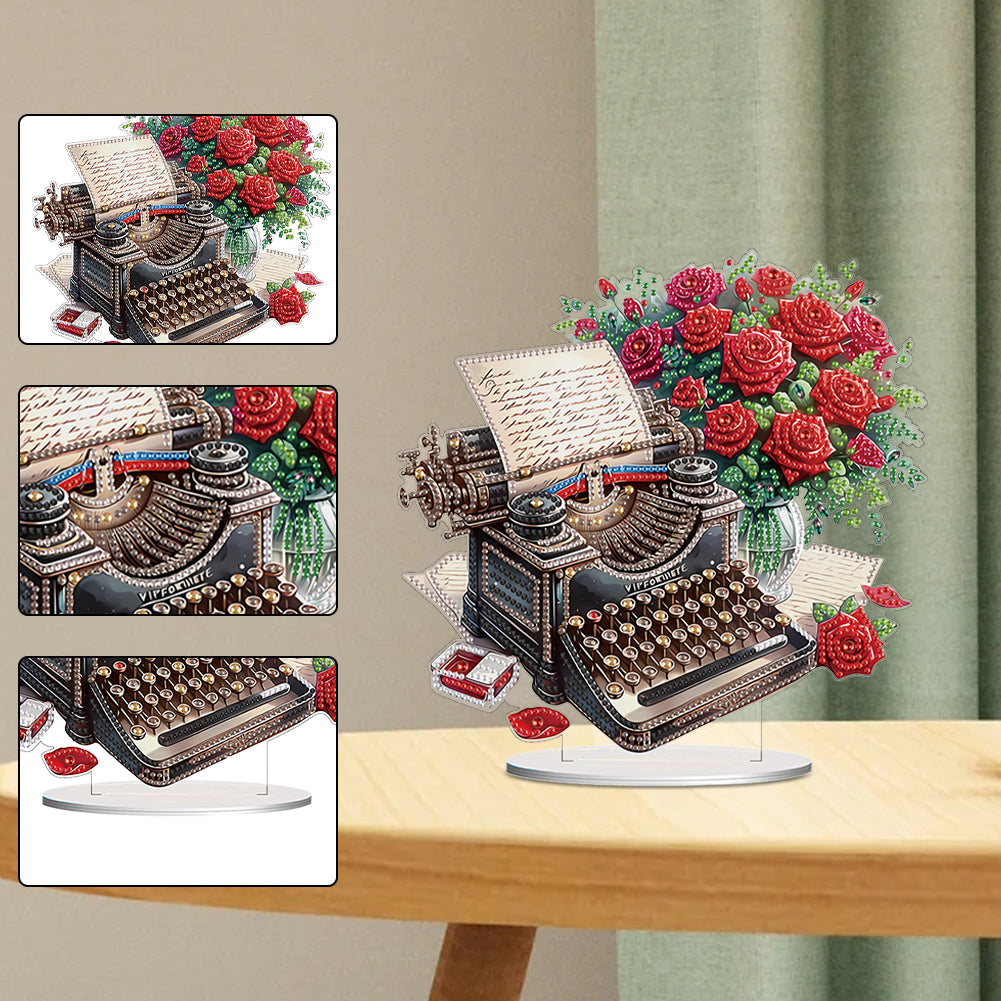 Acrylic Special Shape Typewriter Red Rose Diamond Painting Tabletop Ornaments