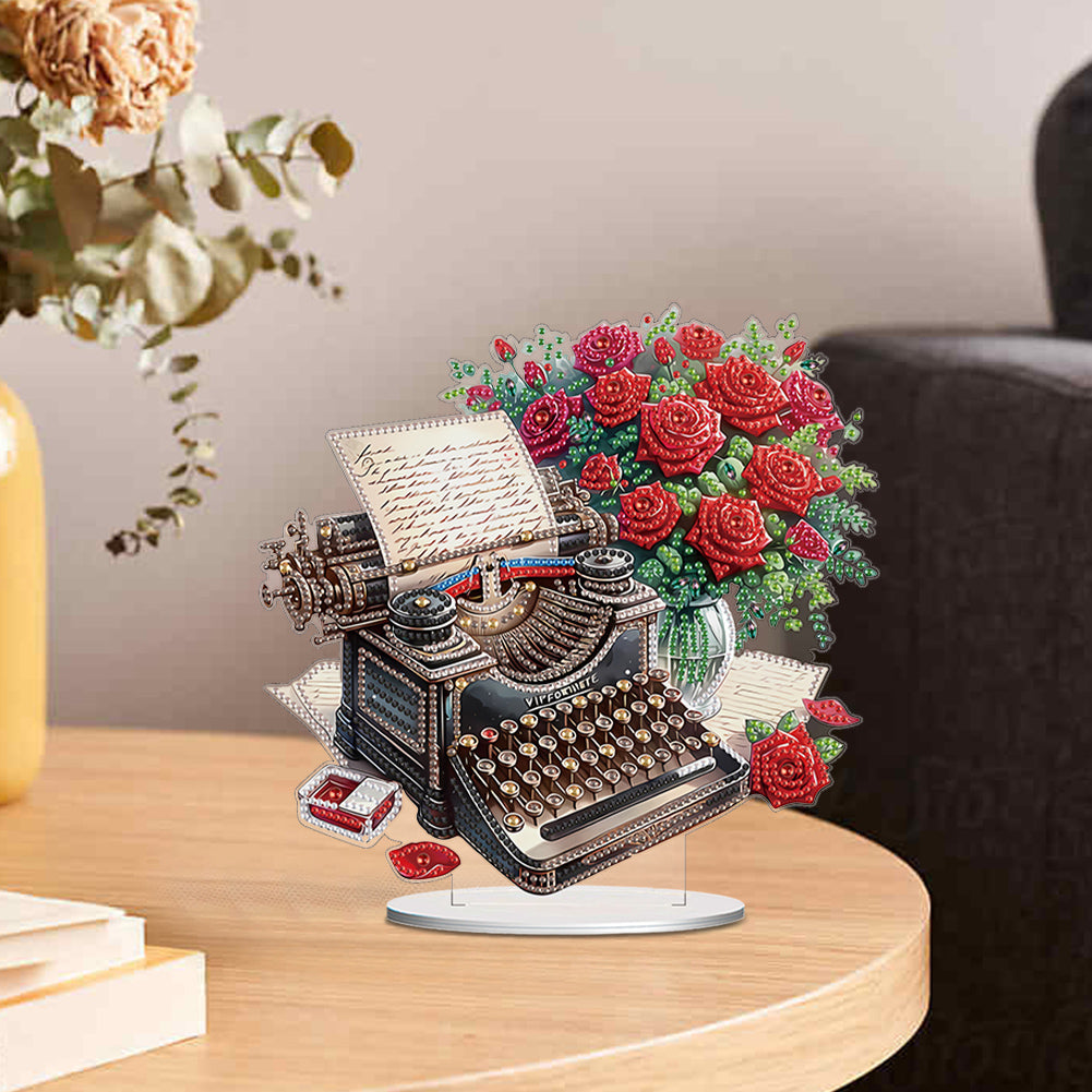 Acrylic Special Shape Typewriter Red Rose Diamond Painting Tabletop Ornaments