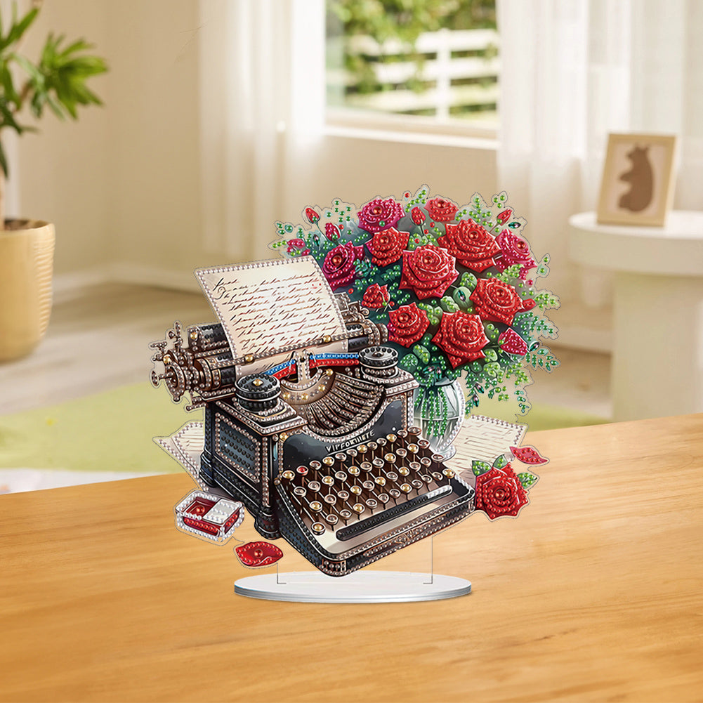 Acrylic Special Shape Typewriter Red Rose Diamond Painting Tabletop Ornaments