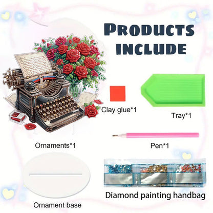 Acrylic Special Shape Typewriter Red Rose Diamond Painting Tabletop Ornaments