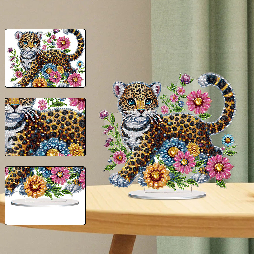 Acrylic Special Shape Leopard And Flowers Diamond Painting Desktop Ornaments