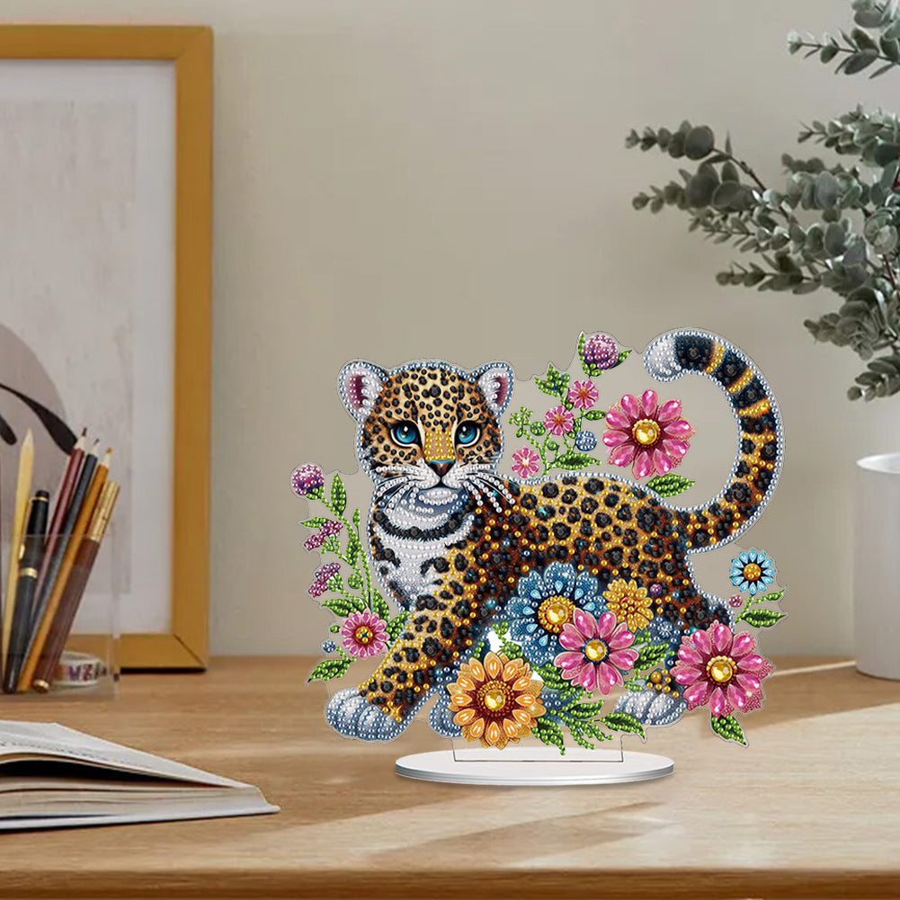 Acrylic Special Shape Leopard And Flowers Diamond Painting Desktop Ornaments