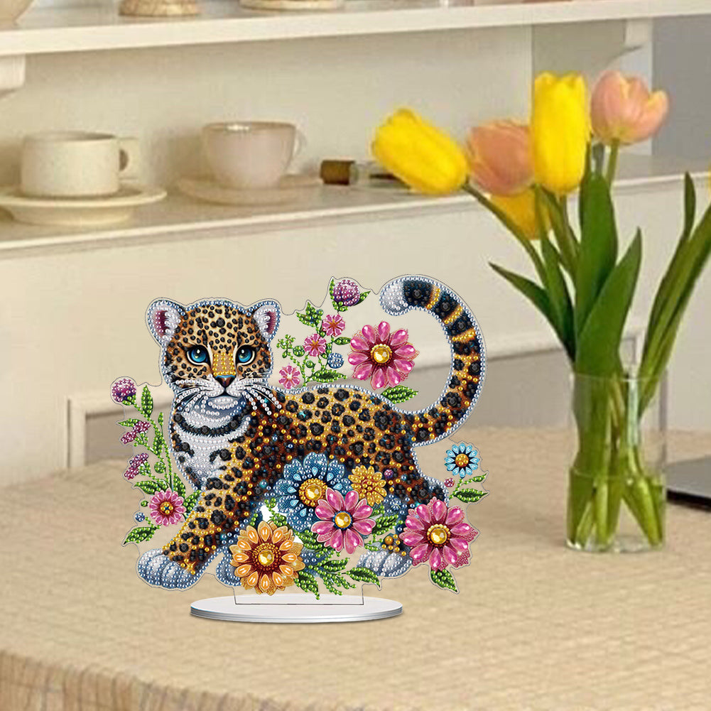 Acrylic Special Shape Leopard And Flowers Diamond Painting Desktop Ornaments