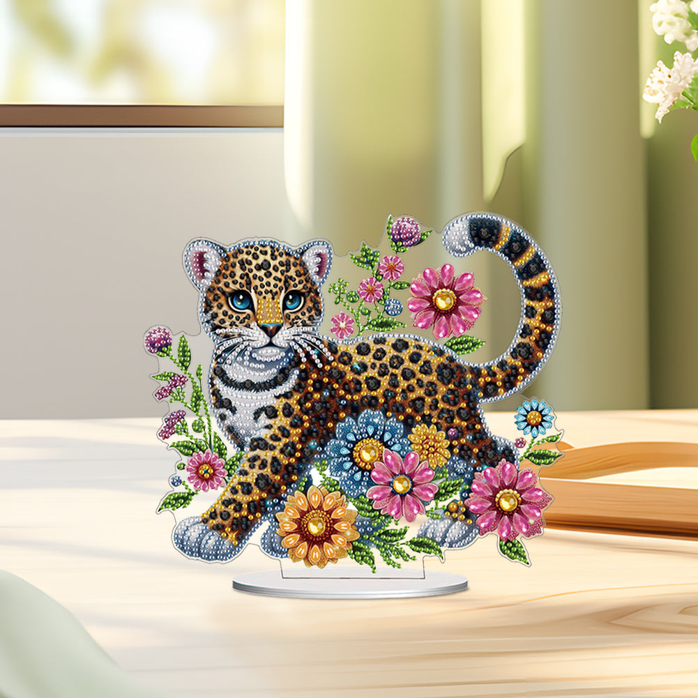 Acrylic Special Shape Leopard And Flowers Diamond Painting Desktop Ornaments