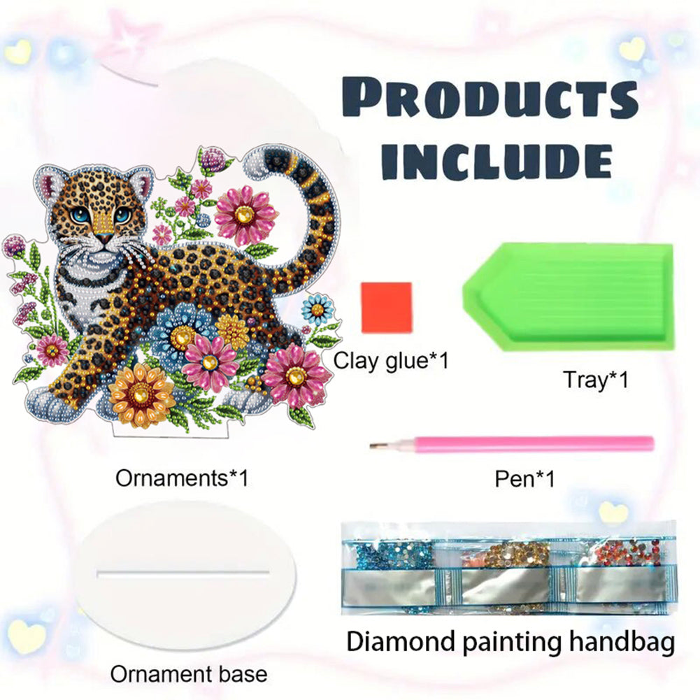 Acrylic Special Shape Leopard And Flowers Diamond Painting Desktop Ornaments