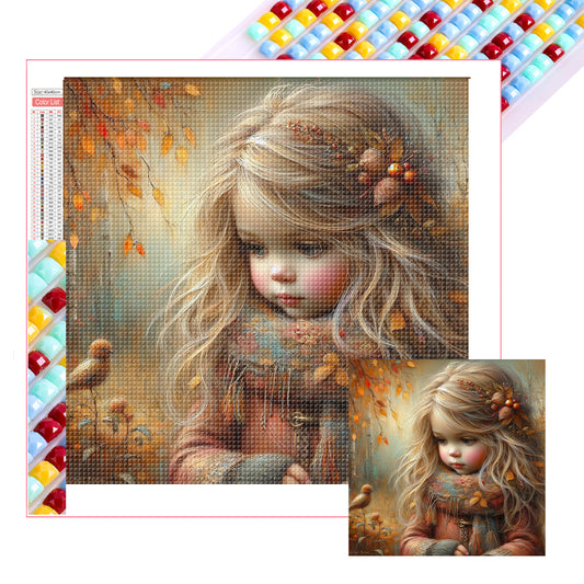 Little Girl With Falling Autumn Leaves - Full Square Drill Diamond Painting 40*40CM