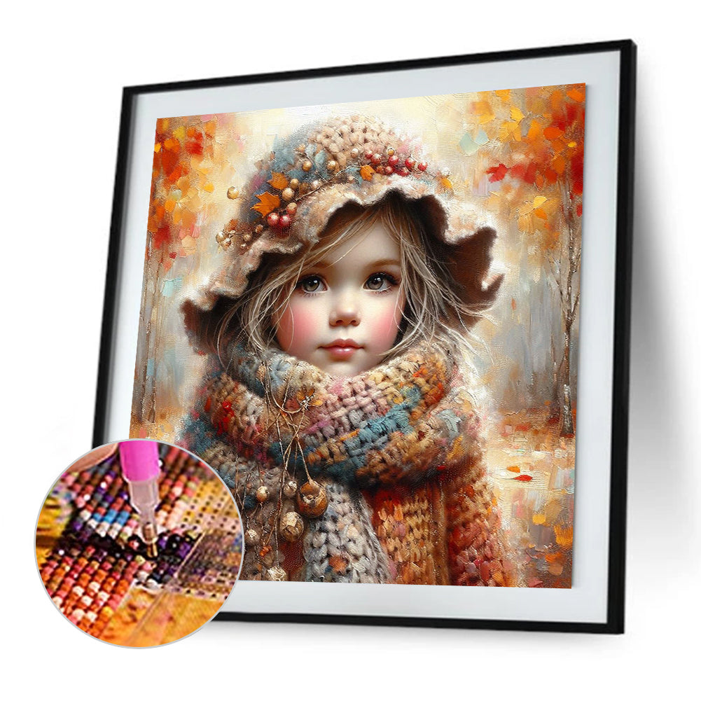 Little Girl With Falling Autumn Leaves - Full Square Drill Diamond Painting 40*40CM