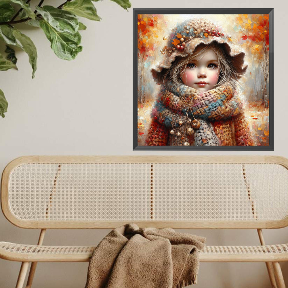 Little Girl With Falling Autumn Leaves - Full Square Drill Diamond Painting 40*40CM