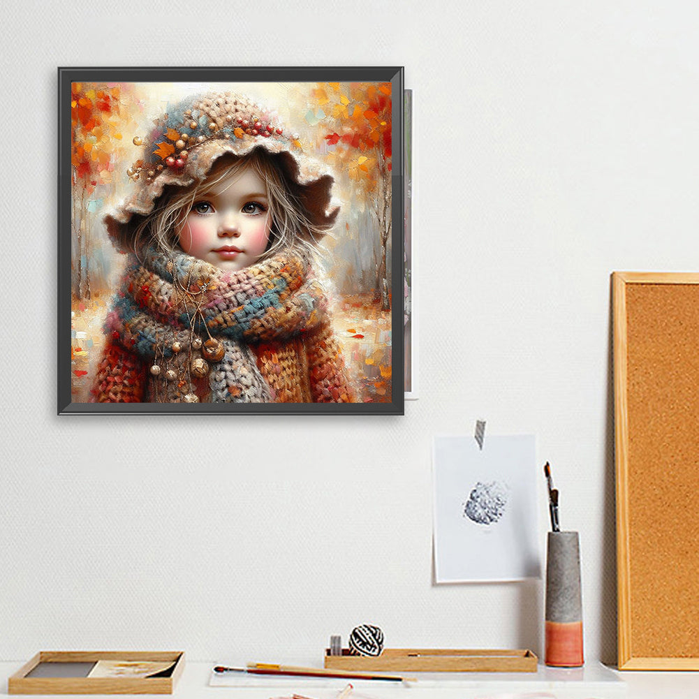 Little Girl With Falling Autumn Leaves - Full Square Drill Diamond Painting 40*40CM