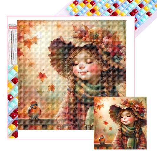 Little Girl With Falling Autumn Leaves - Full Square Drill Diamond Painting 40*40CM