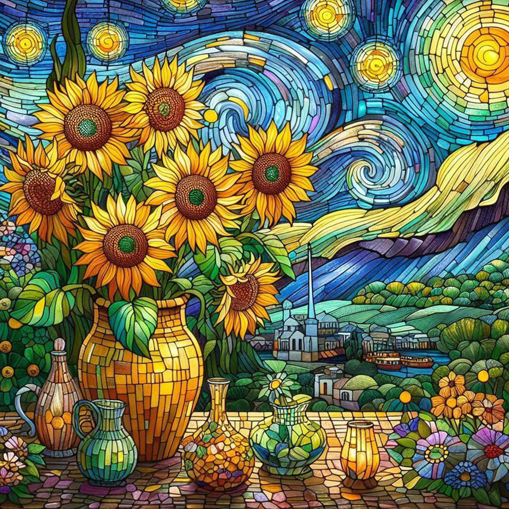 Glass Painting Sunflower Starry Night - Full Round Drill Diamond Painting 30*30CM