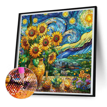 Glass Painting Sunflower Starry Night - Full Round Drill Diamond Painting 30*30CM