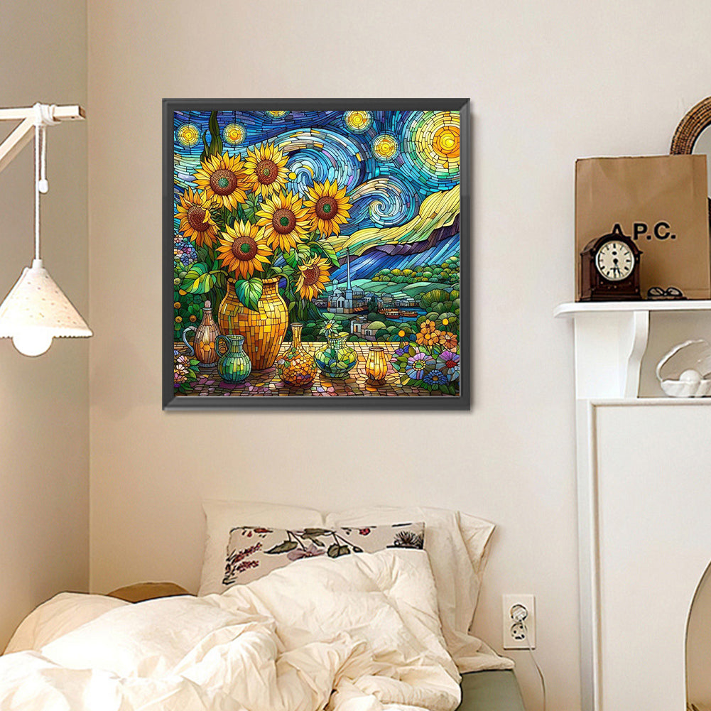 Glass Painting Sunflower Starry Night - Full Round Drill Diamond Painting 30*30CM