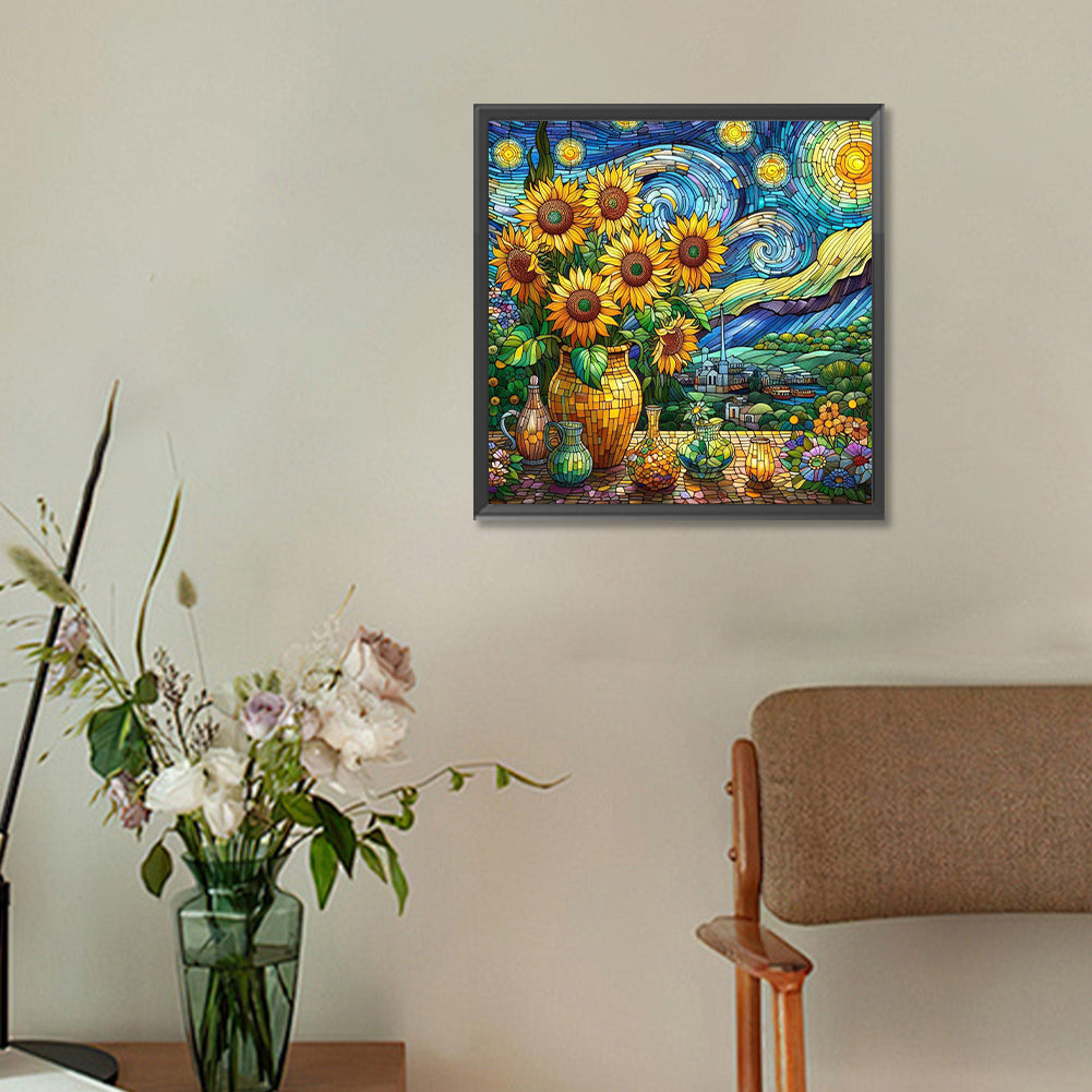 Glass Painting Sunflower Starry Night - Full Round Drill Diamond Painting 30*30CM