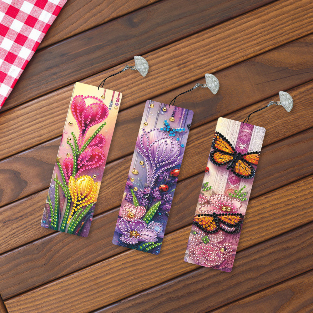 3Pcs Special Shape Flowers Butterfly Diamond Painting Bookmark for Book Lovers