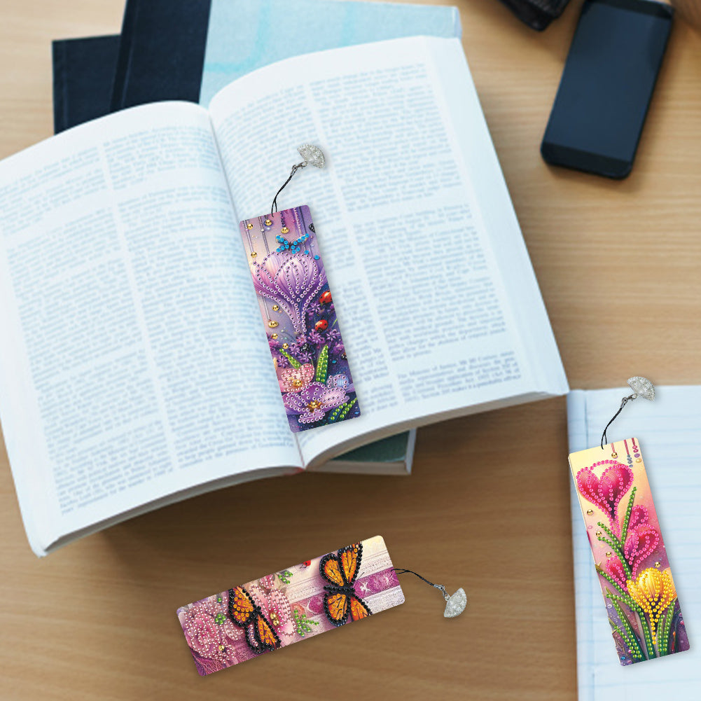 3Pcs Special Shape Flowers Butterfly Diamond Painting Bookmark for Book Lovers