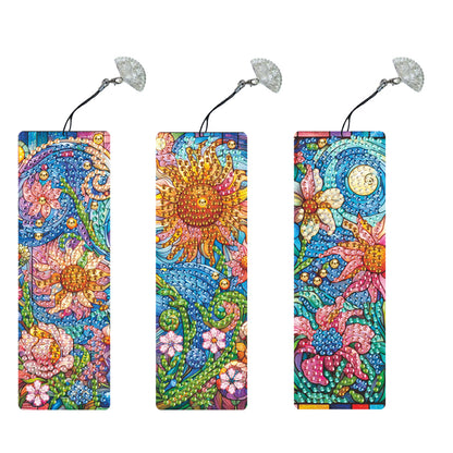 3Pcs Special Shape Flowers Diamond Painting Bookmark with Pendant for Book Lover