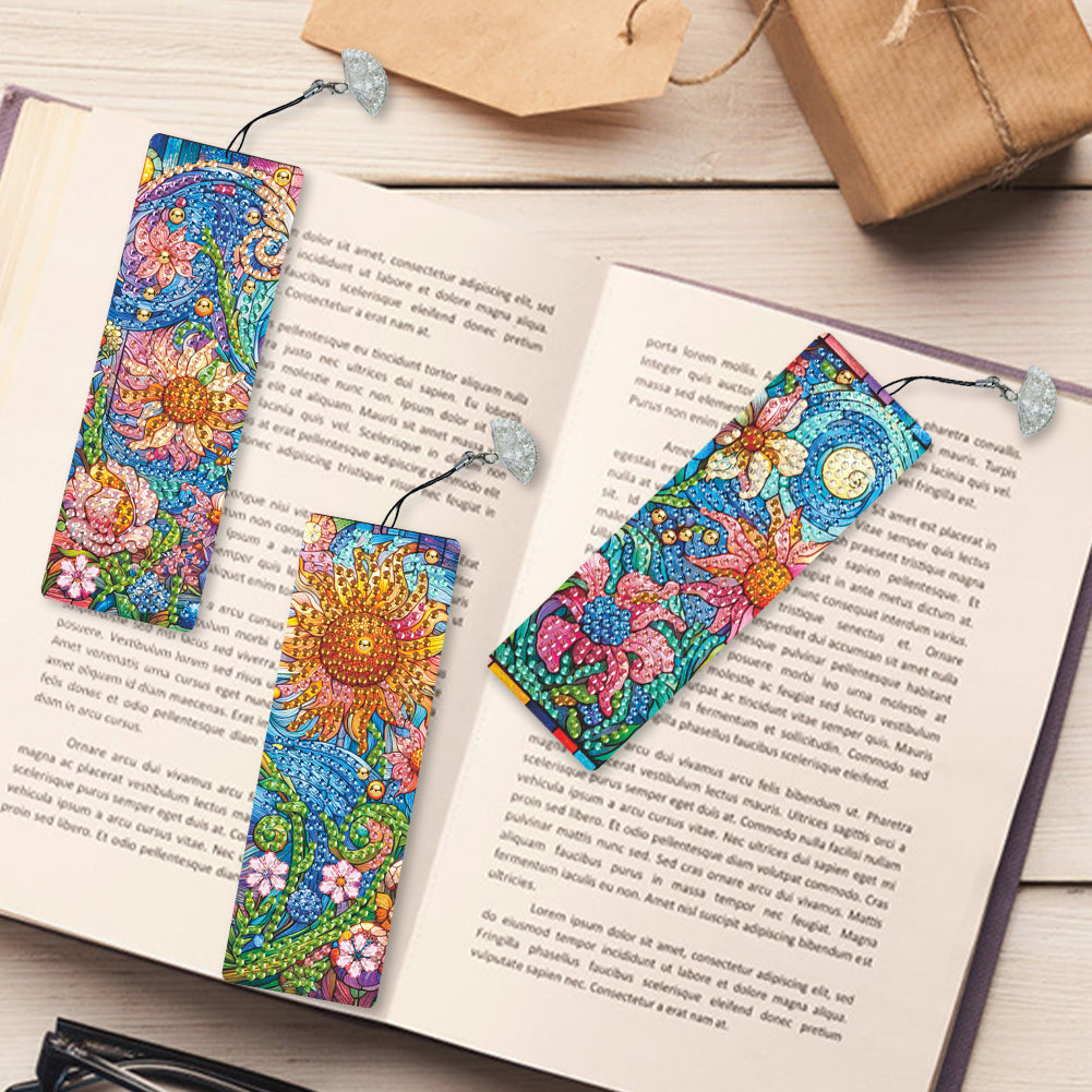 3Pcs Special Shape Flowers Diamond Painting Bookmark with Pendant for Book Lover