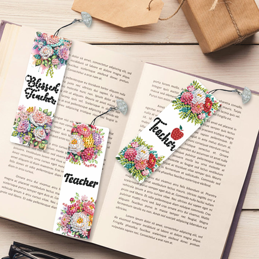 3Pcs Special Shape Teacher Flower Diamond Painting Bookmark for Book Lovers