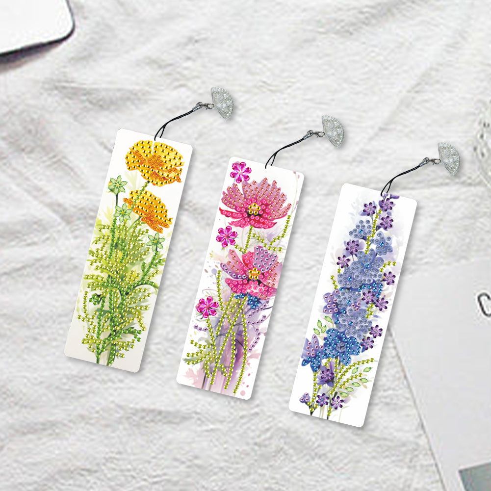 3Pcs Special Shape Flowers Diamond Painting Bookmark with Pendant for Book Lover