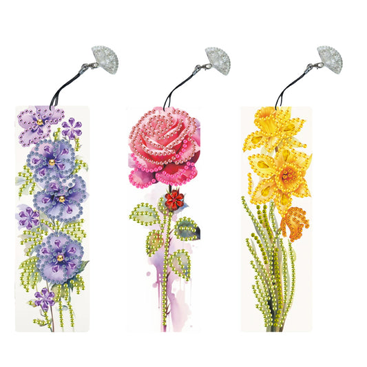 3Pcs Special Shape Flowers Diamond Painting Bookmark with Pendant for Book Lover