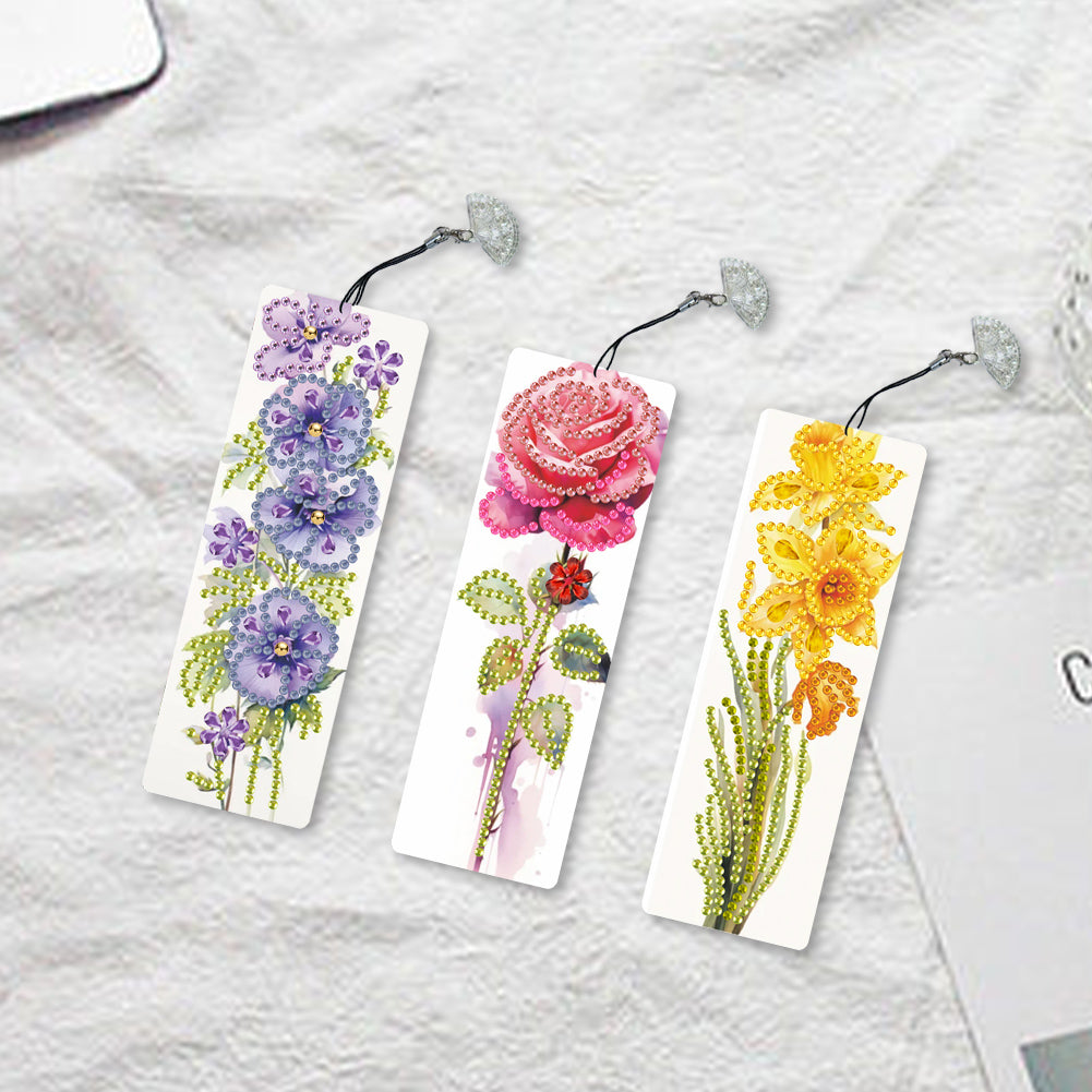 3Pcs Special Shape Flowers Diamond Painting Bookmark with Pendant for Book Lover