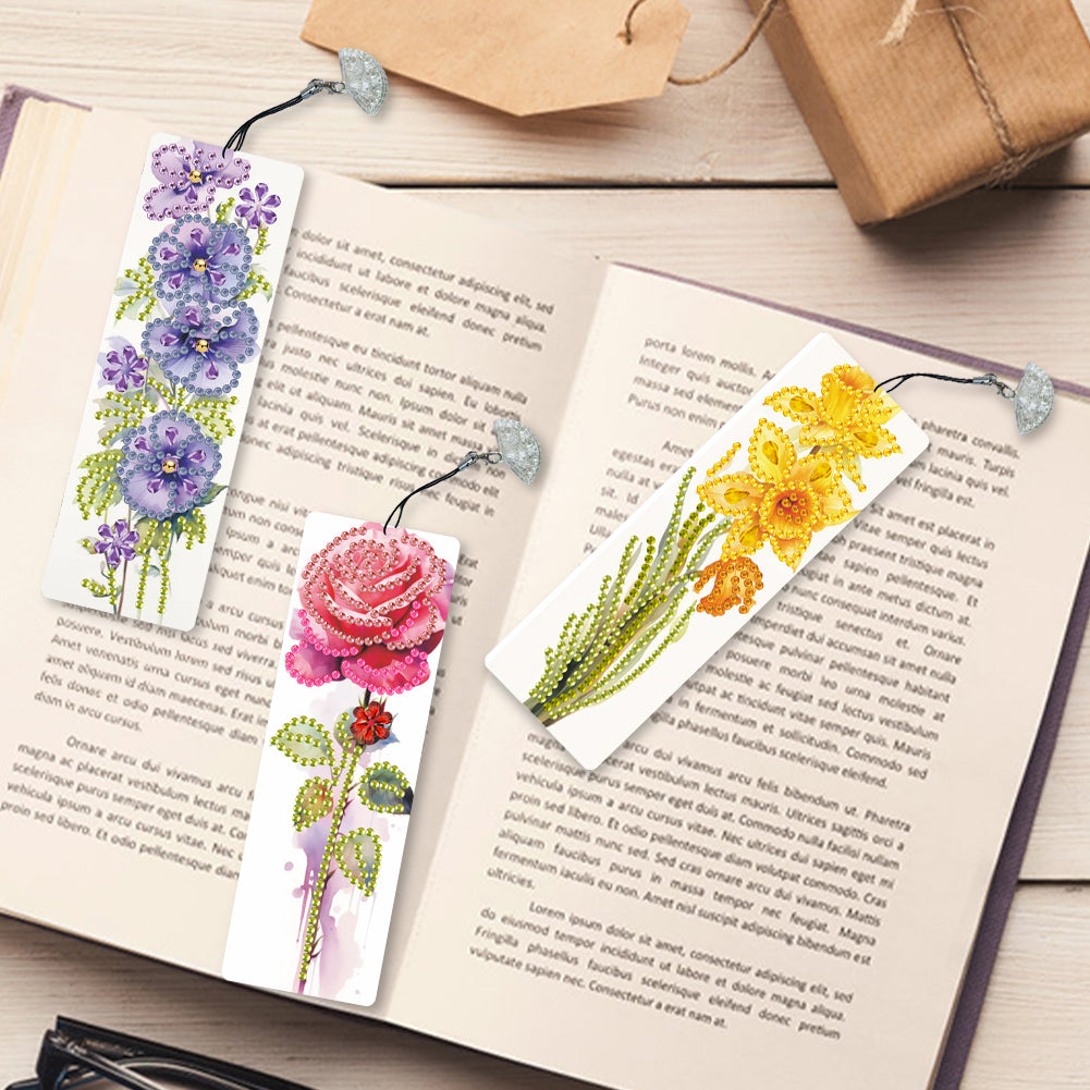 3Pcs Special Shape Flowers Diamond Painting Bookmark with Pendant for Book Lover