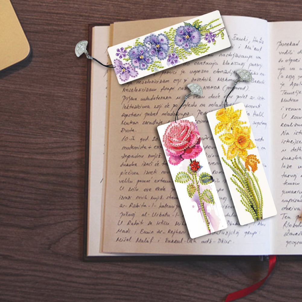 3Pcs Special Shape Flowers Diamond Painting Bookmark with Pendant for Book Lover