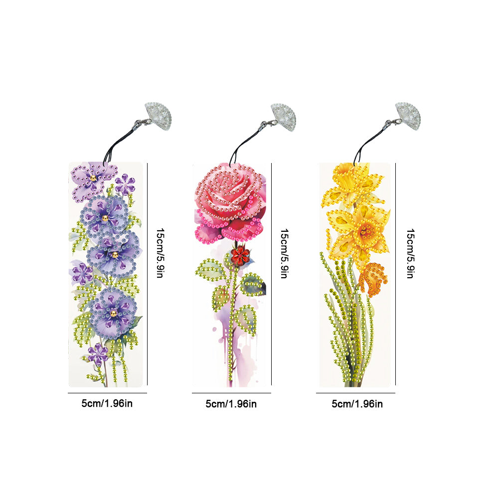 3Pcs Special Shape Flowers Diamond Painting Bookmark with Pendant for Book Lover