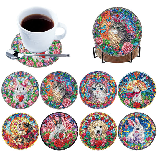 8Pcs Acrylic Animals Flowers 5D Diamond Painting Coasters for Adults Beginners