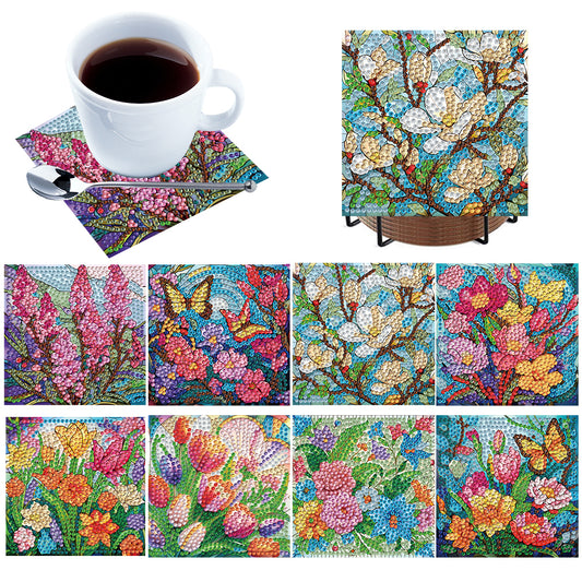 8Pcs Wooden Flowers 5D Diamond Painting Coasters Kit for Adults Beginners